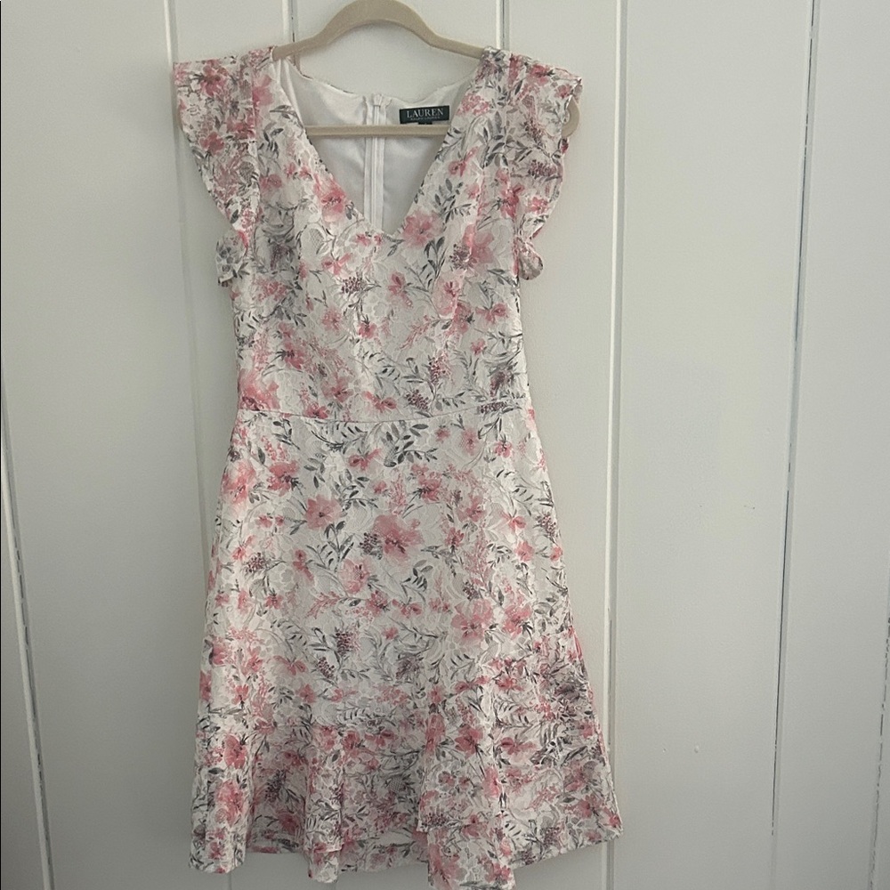 Lauren Ralph Lauren Pink & White Floral V-Neck Midi Dress